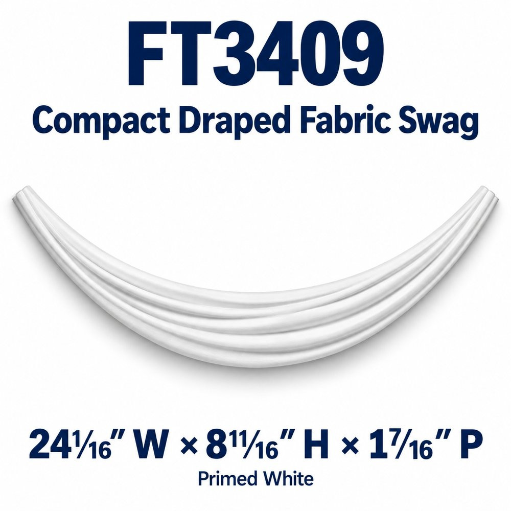 FT3409 Compact Draped Fabric Swag; 24¹⁄₁₆″ W × 8¹¹⁄₁₆″ H × 1⁷⁄₁₆″ P; primed white