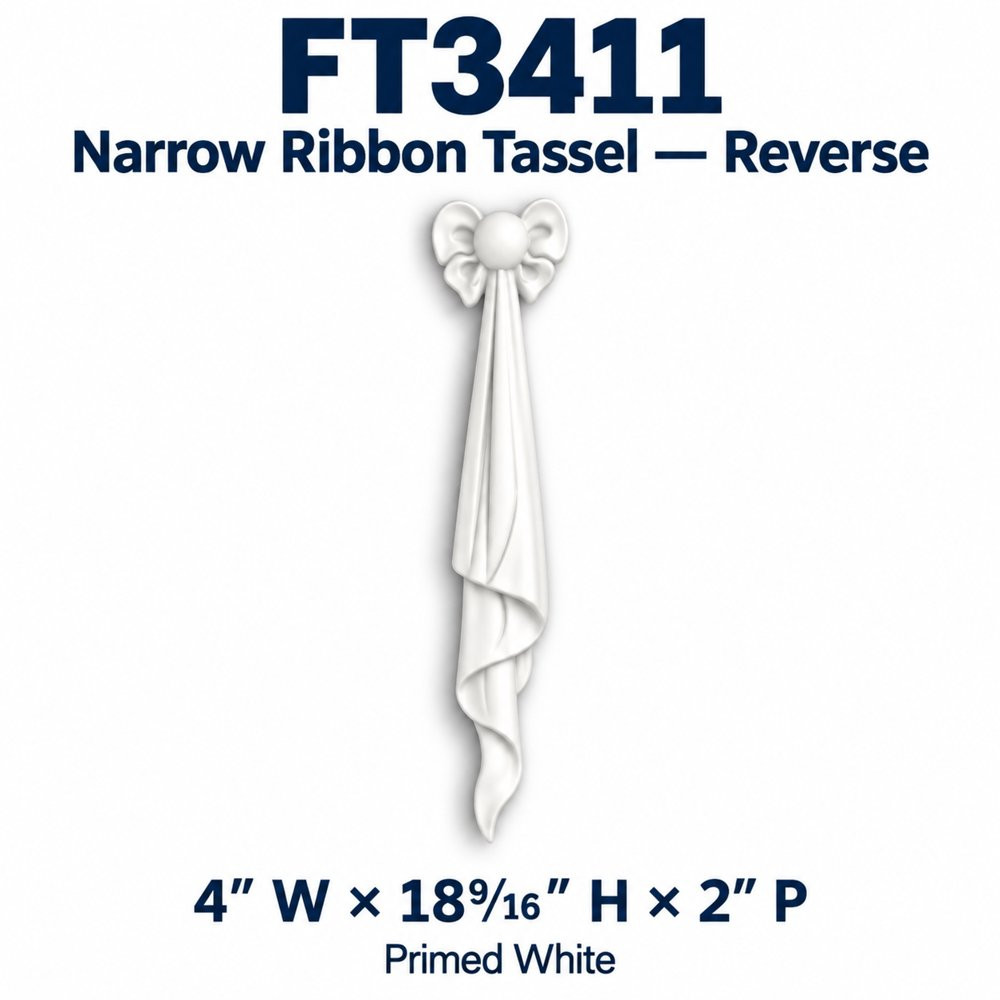 FT3411 Narrow Ribbon Tassel — Reverse; 4″ W × 18⁹⁄₁₆″ H × 2″ P; primed white