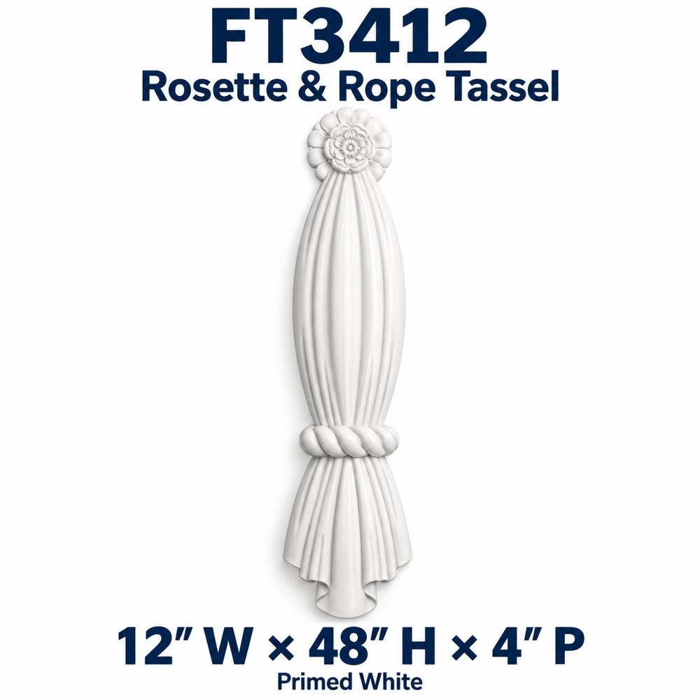 FT3412 Rosette & Rope Tassel; 12″ W × 48″ H × 4″ P; primed white