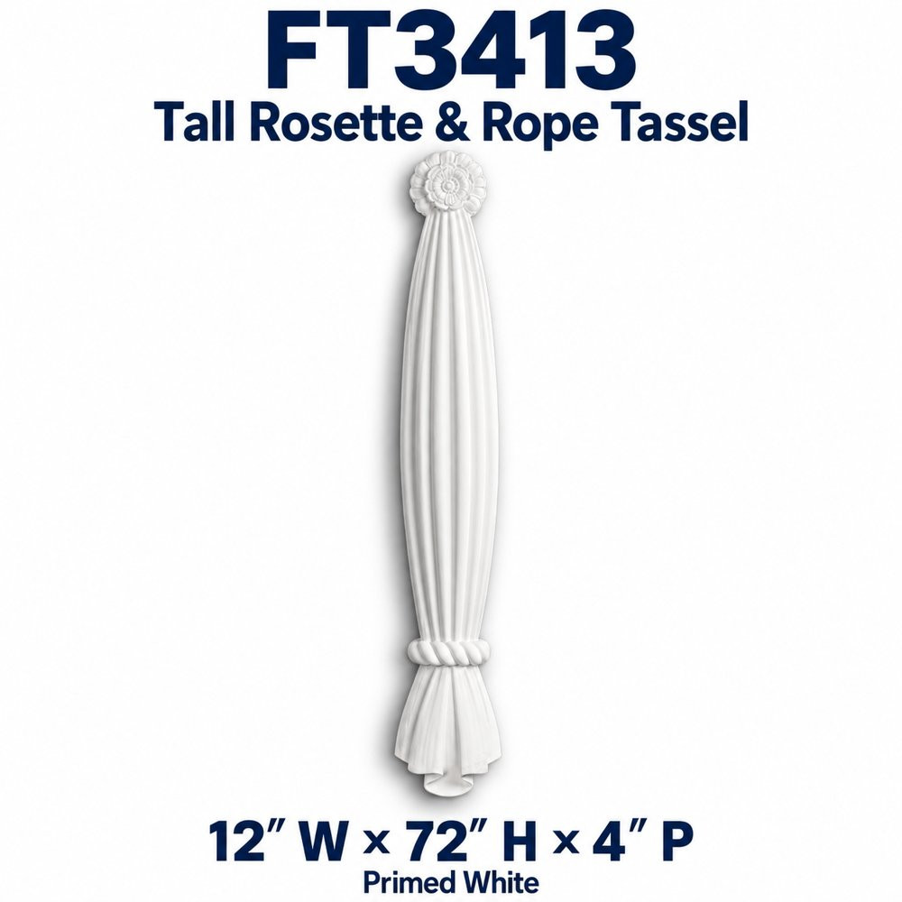 FT3413 Tall Rosette & Rope Tassel; 12″ W × 72″ H × 4″ P; primed white