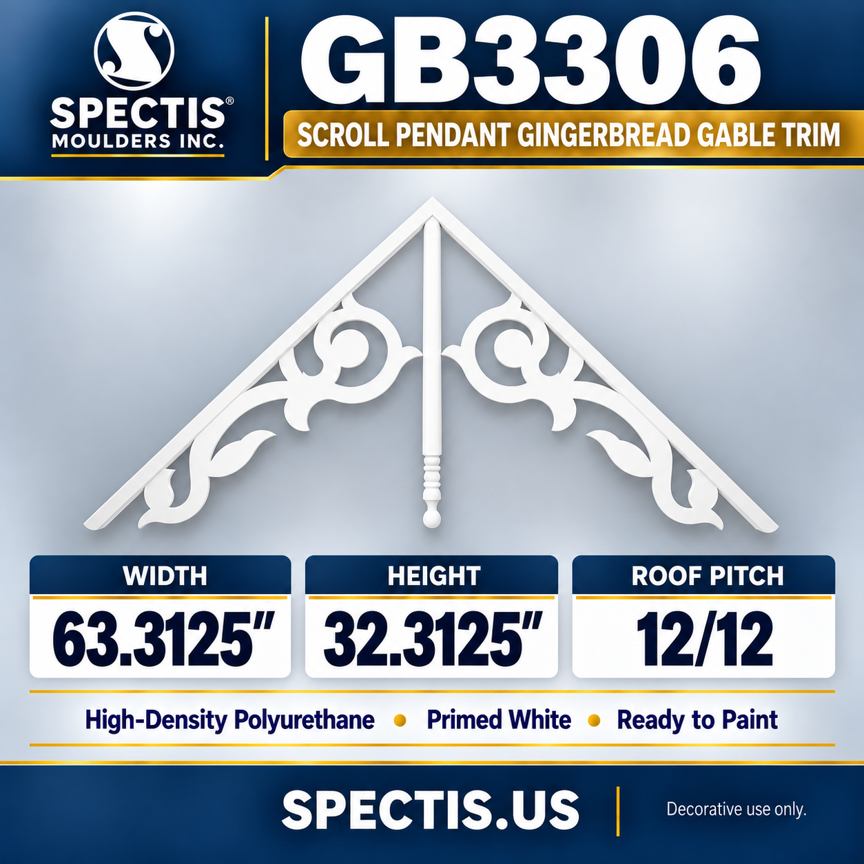 GB3306 Scroll Pendant Gingerbread Gable Trim, 63.3125 inches wide x 32.3125 inches high