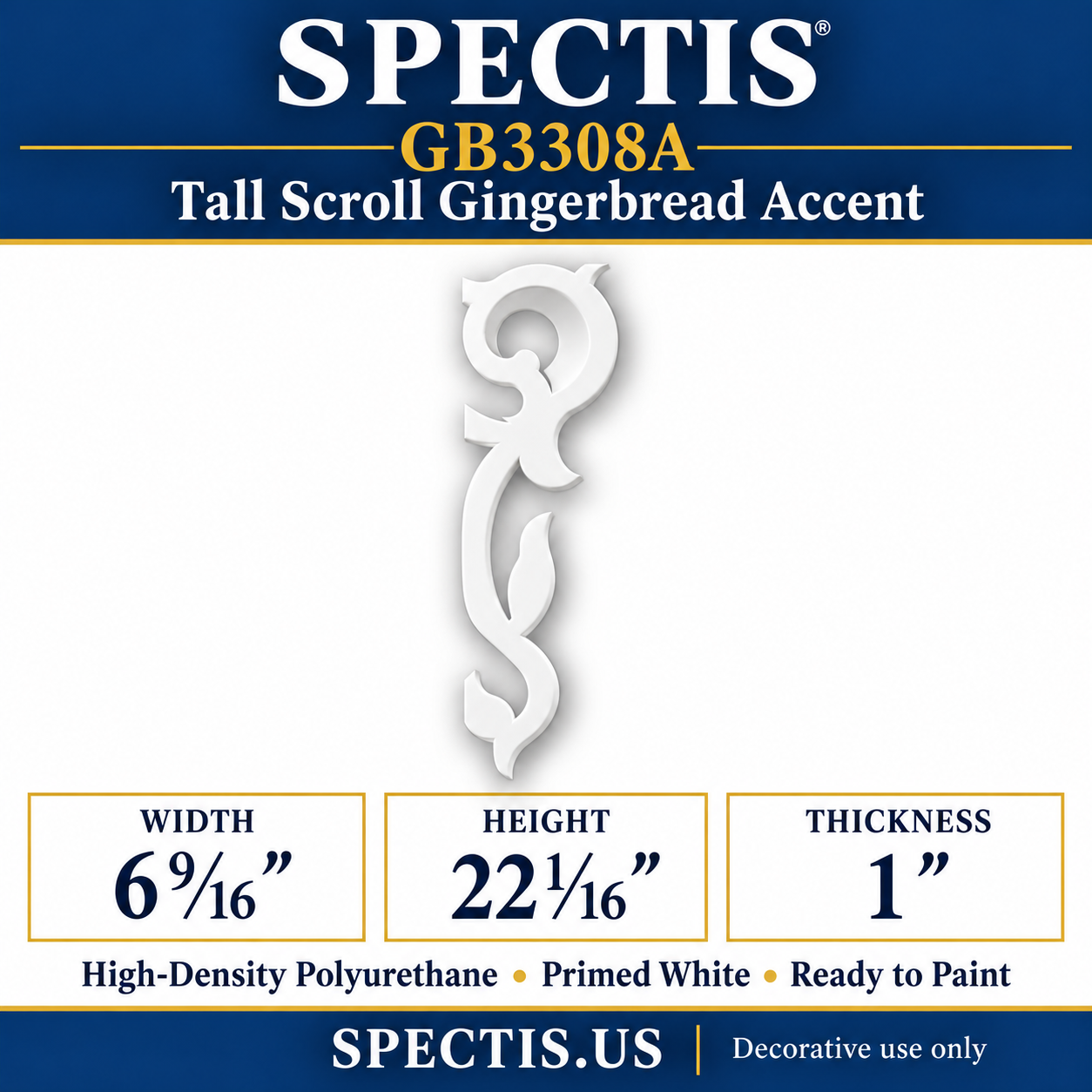 GB3308A Tall Scroll Gingerbread Accent, 6 9/16 inches wide x 22 1/16 inches high