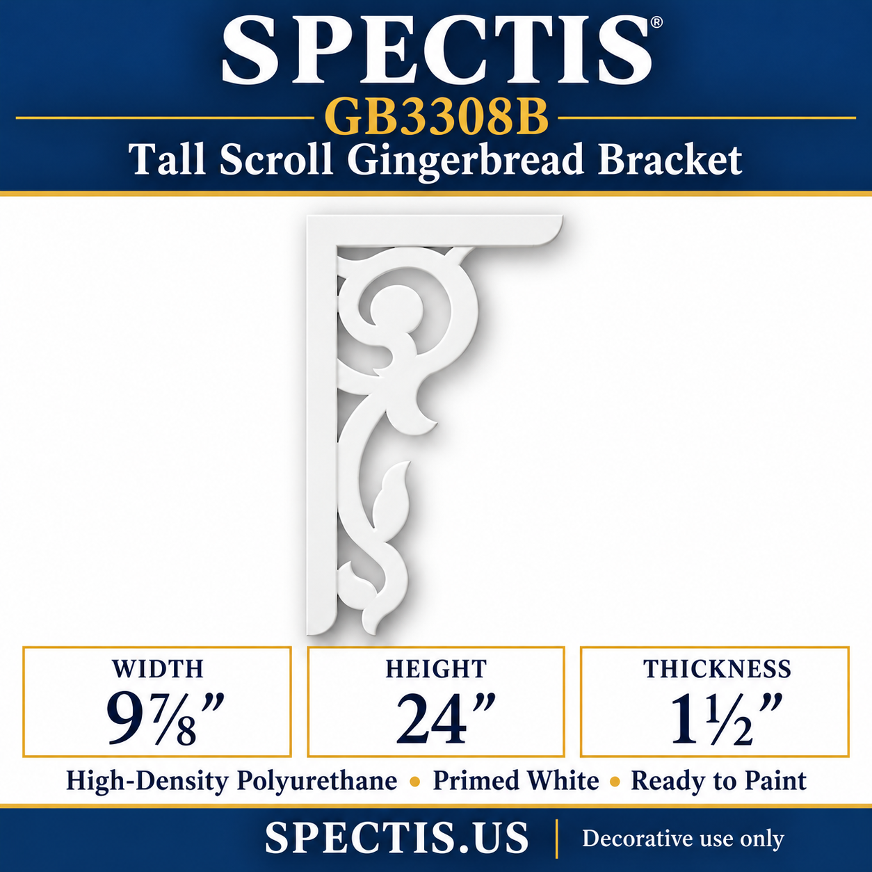 GB3308B Tall Scroll Gingerbread Bracket, 9⅞ inches wide x 24 inches high