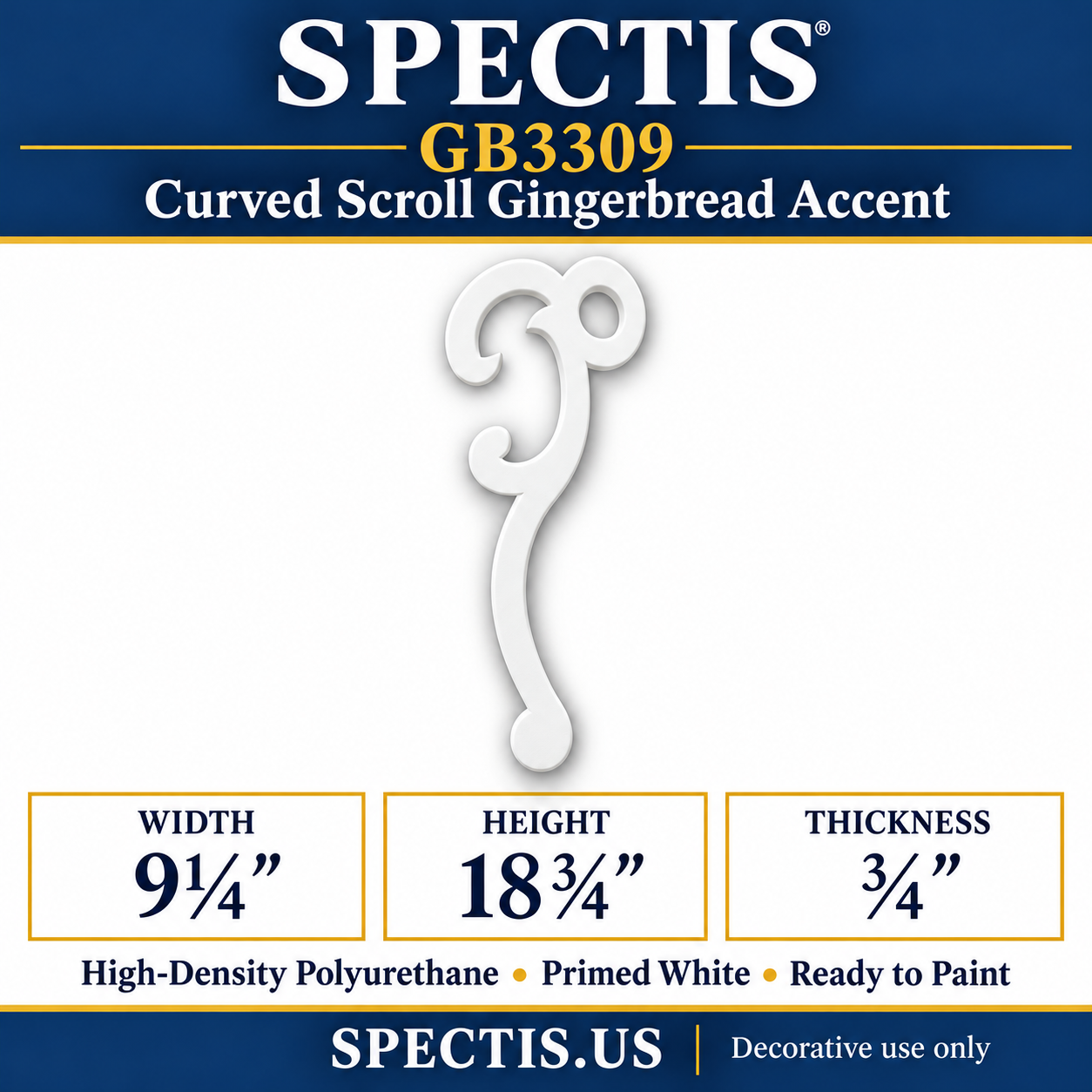GB3309 Curved Scroll Gingerbread Accent, 9¼ inches wide x 18¾ inches high