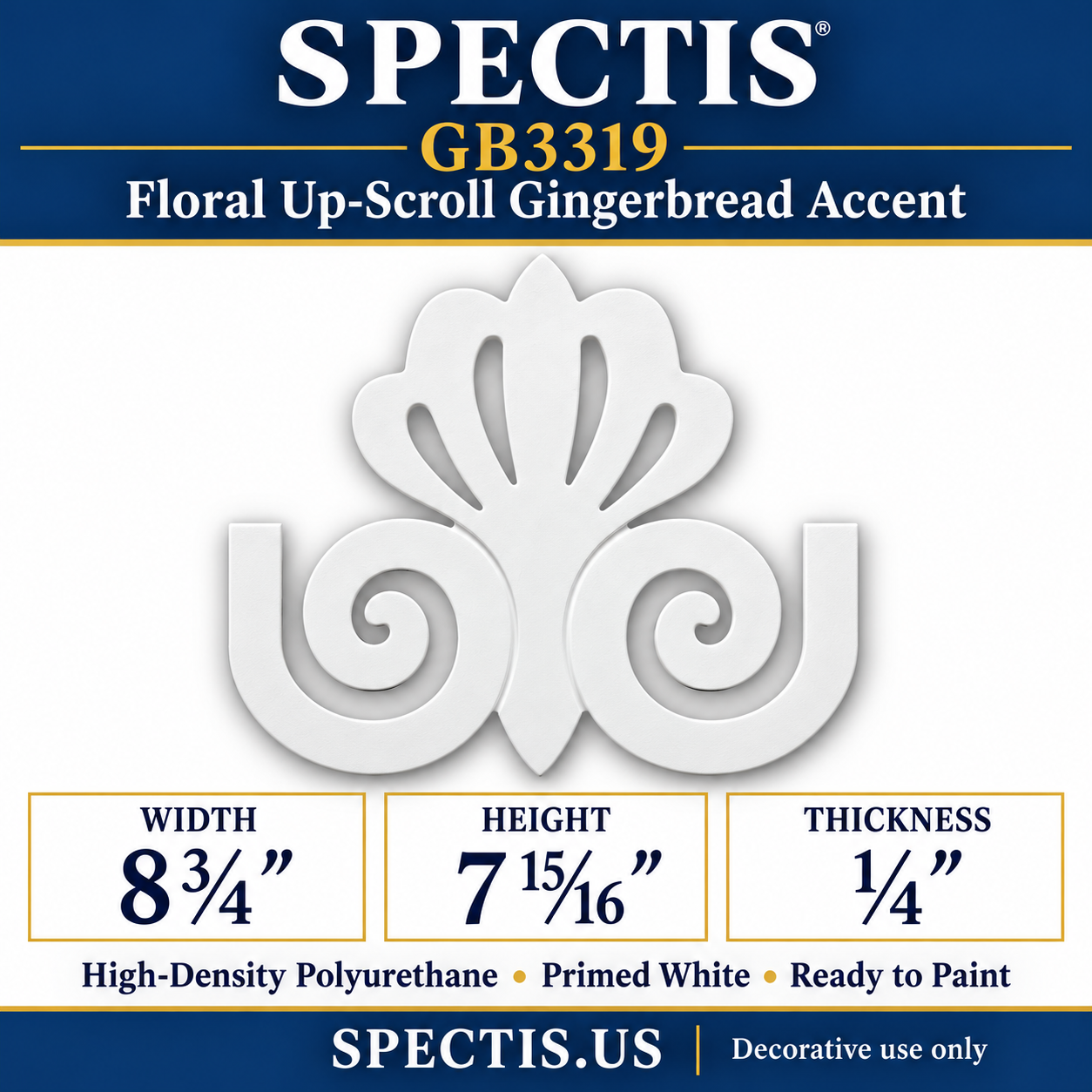 GB3319 Floral Up-Scroll Gingerbread Accent, 8¾ inches wide x 7 15/16 inches high