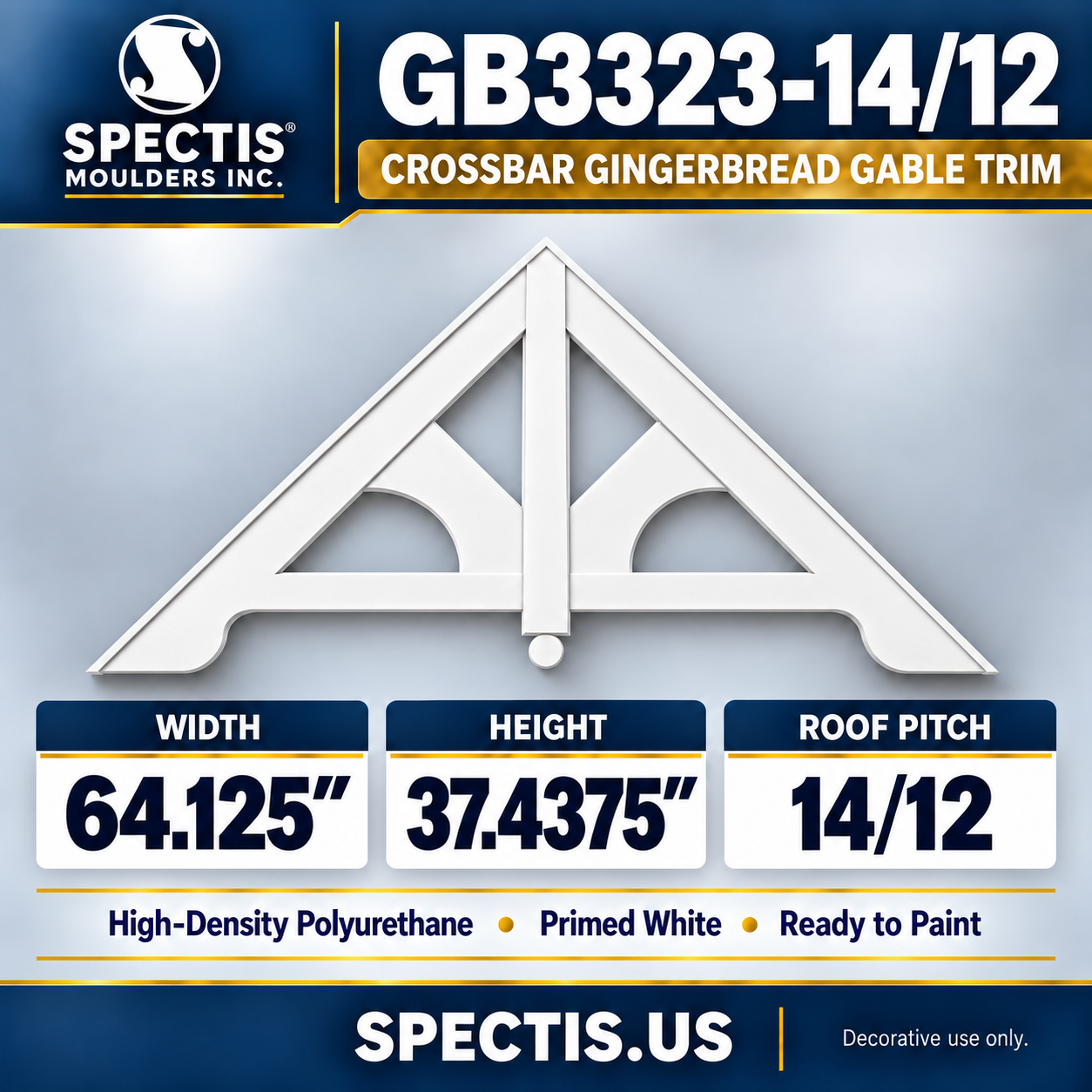 GB3323-14/12 Crossbar Gingerbread Gable Trim, 64.125 inches wide x 37.4375 inches high