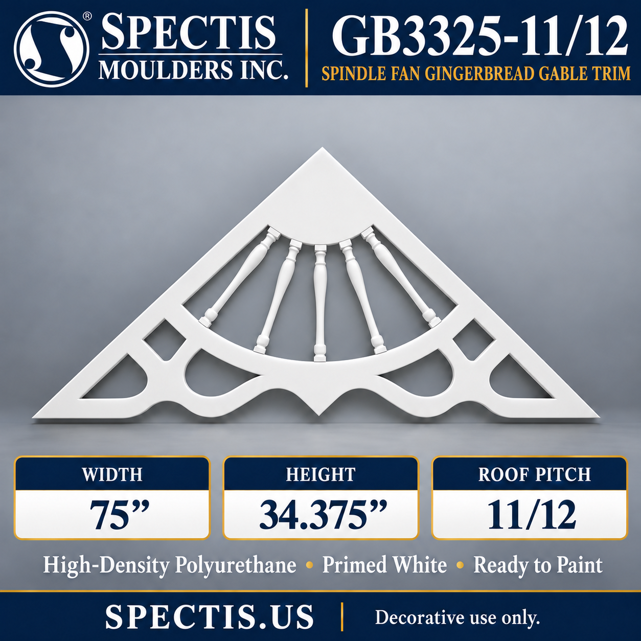 GB3325-11/12 Spindle Fan Gingerbread Gable Trim, 75 inches wide x 34.375 inches high