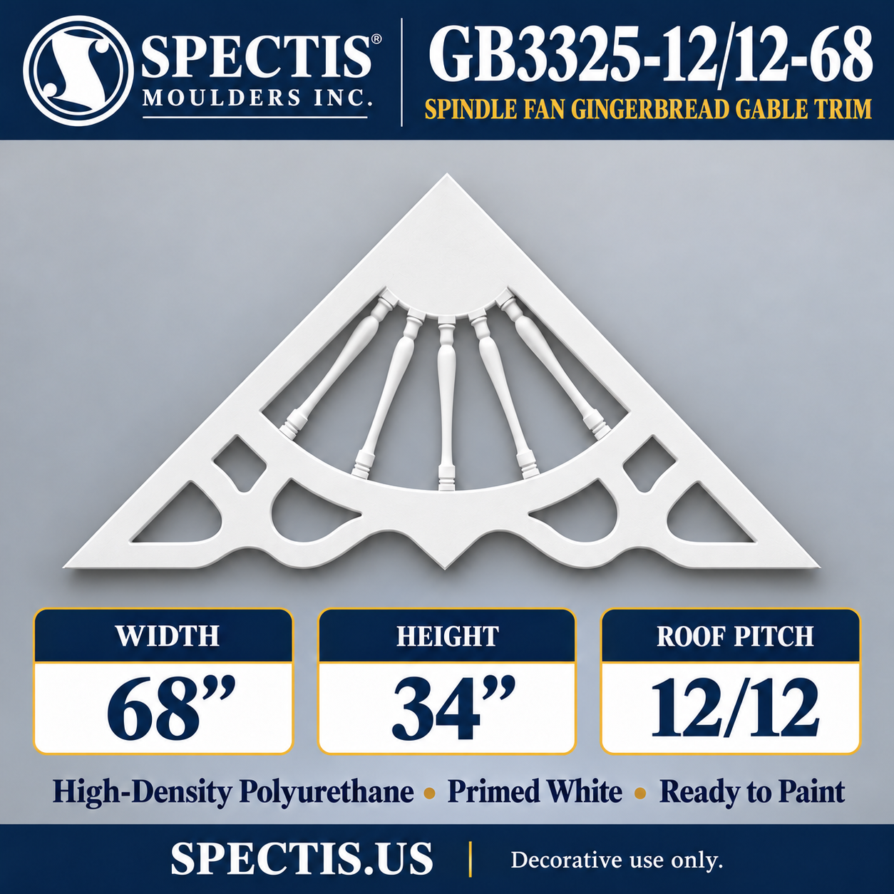 GB3325-12/12-68 Spindle Fan Gingerbread Gable Trim, 68 inches wide x 34 inches high