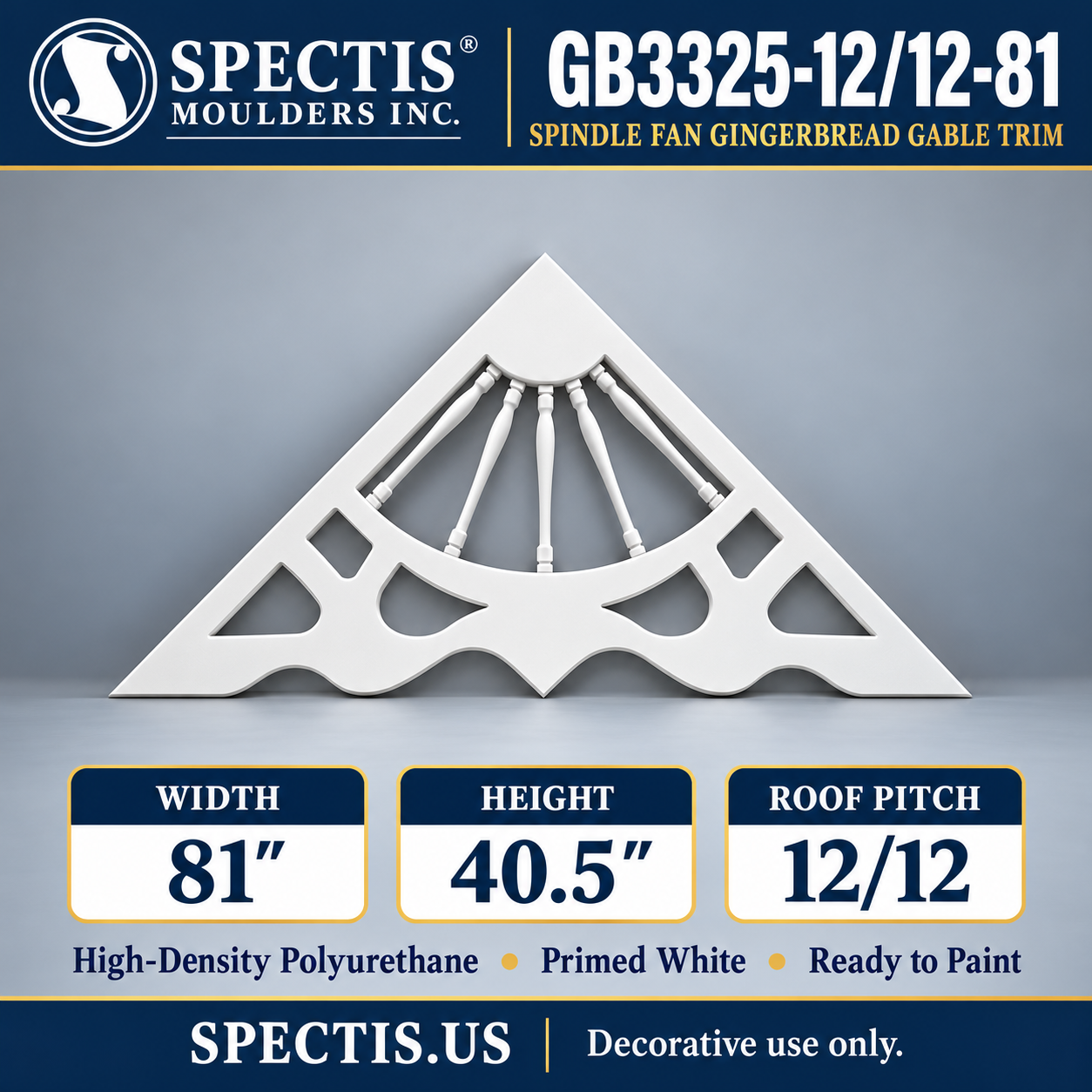 GB3325-12/12-81 Spindle Fan Gingerbread Gable Trim, 81 inches wide x 40.5 inches high