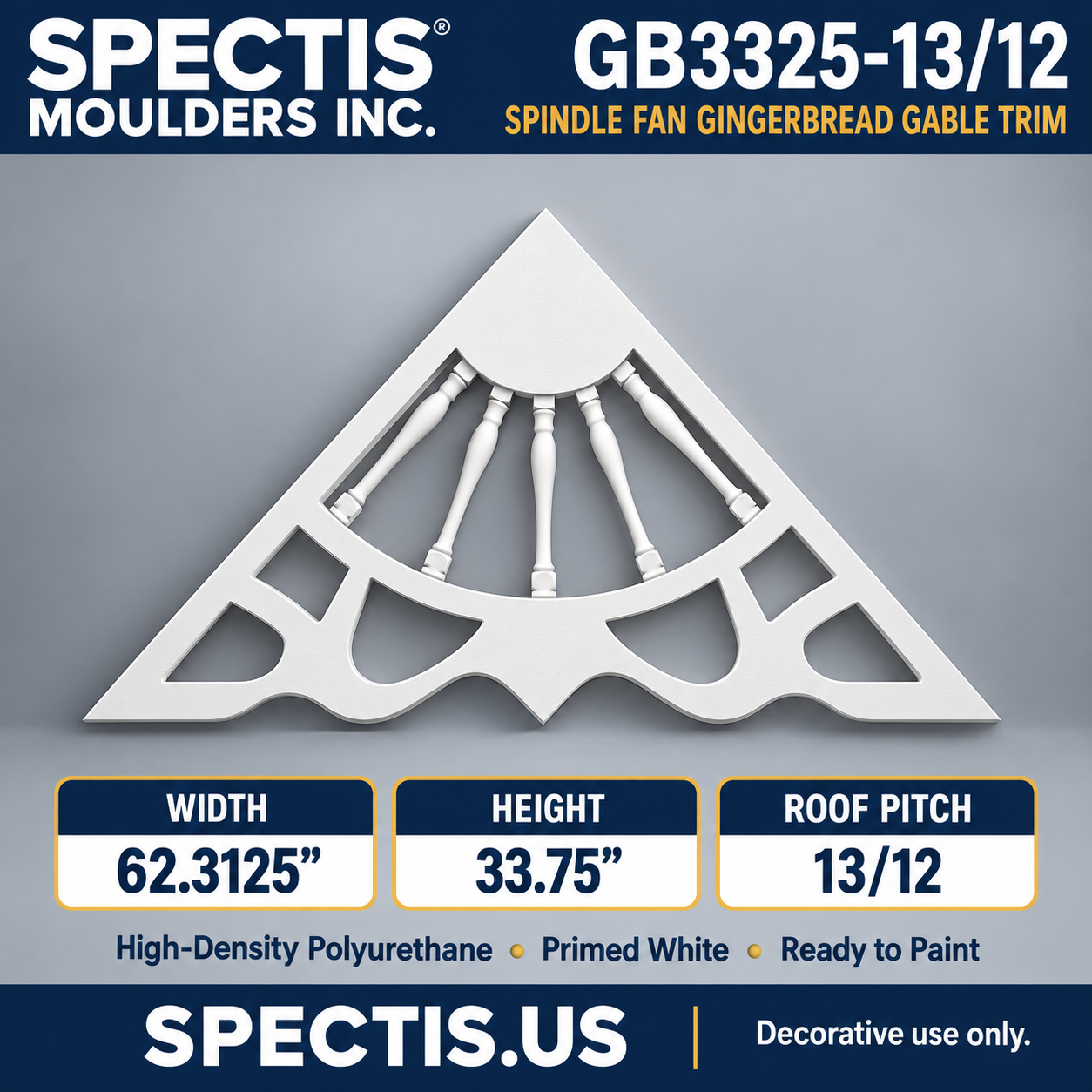 GB3325-13/12 Spindle Fan Gingerbread Gable Trim, 62.3125 inches wide x 33.75 inches high