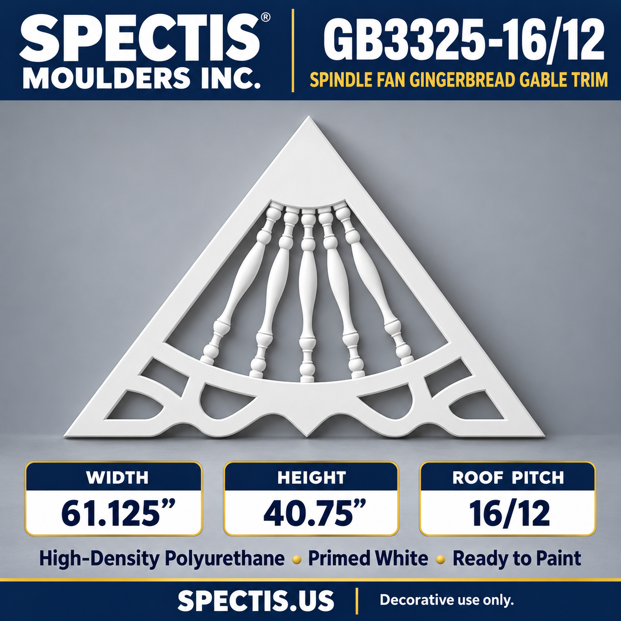 GB3325-16/12 Spindle Fan Gingerbread Gable Trim, 61.125 inches wide x 40.75 inches high