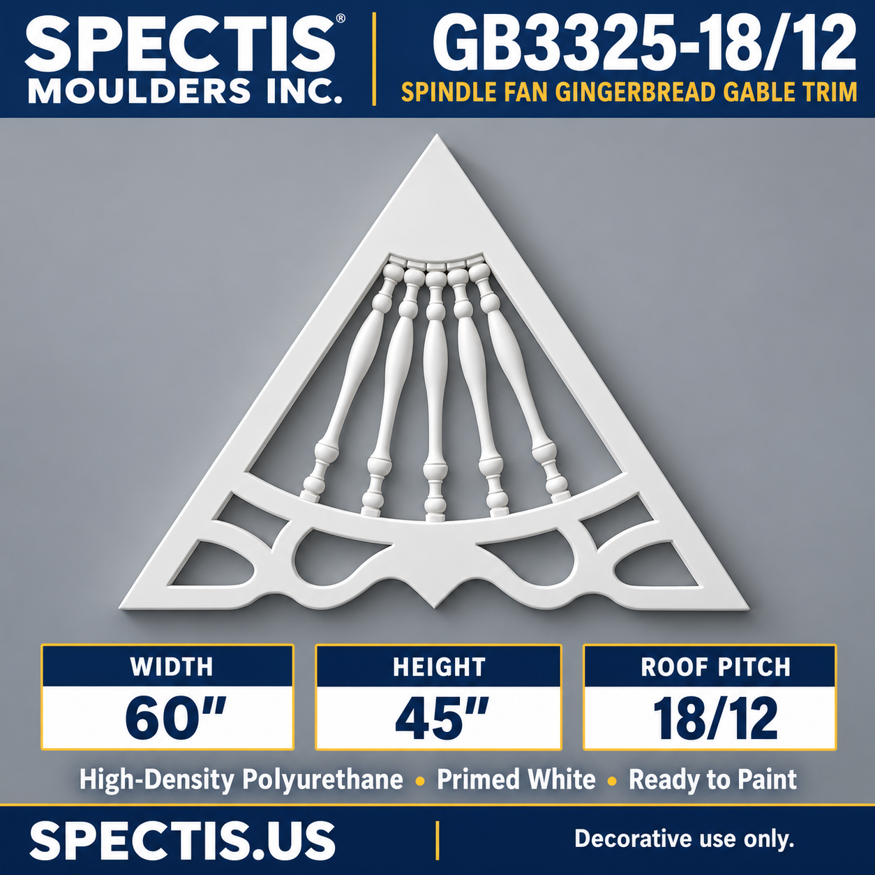 GB3325-18/12 Spindle Fan Gingerbread Gable Trim, 60 inches wide x 45 inches high
