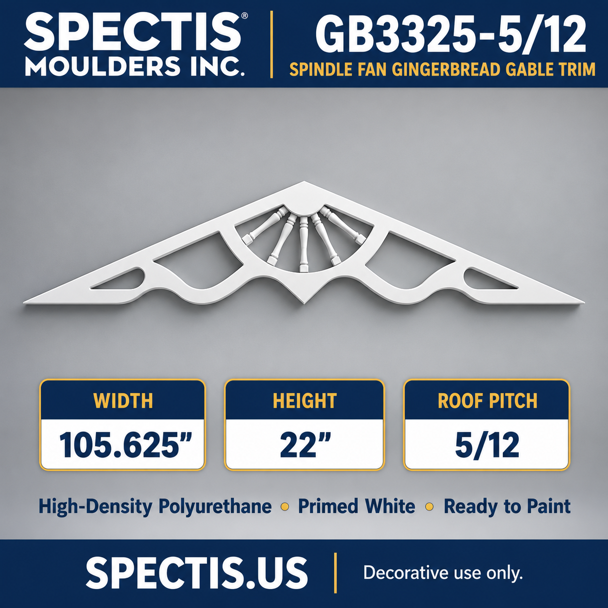 GB3325-5/12 Spindle Fan Gingerbread Gable Trim, 105.625 inches wide x 22 inches high