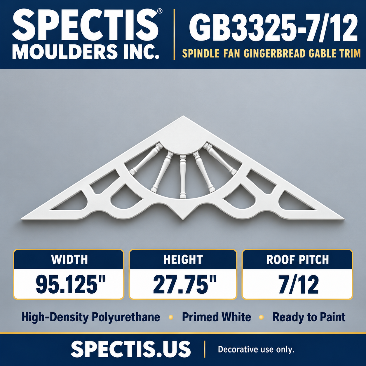 GB3325-7/12 Spindle Fan Gingerbread Gable Trim, 95.125 inches wide x 27.75 inches high