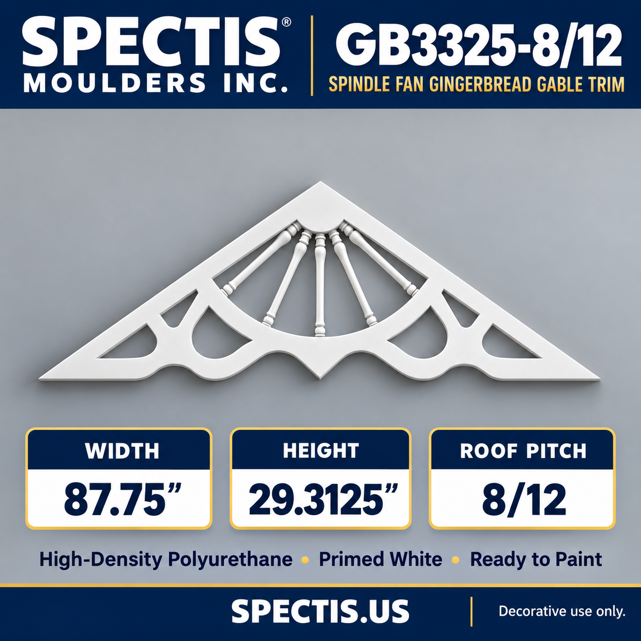 GB3325-8/12 Spindle Fan Gingerbread Gable Trim, 87.75 inches wide x 29.3125 inches high