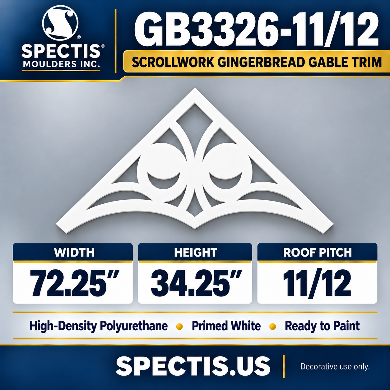GB3326-11/12 Scrollwork Gingerbread Gable Trim, 72.25 inches wide x 34.25 inches high