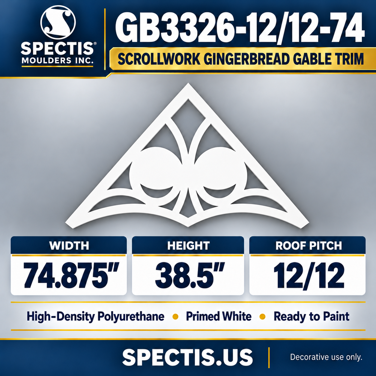 GB3326-12/12-74 Scrollwork Gingerbread Gable Trim, 74.875 inches wide x 38.5 inches high