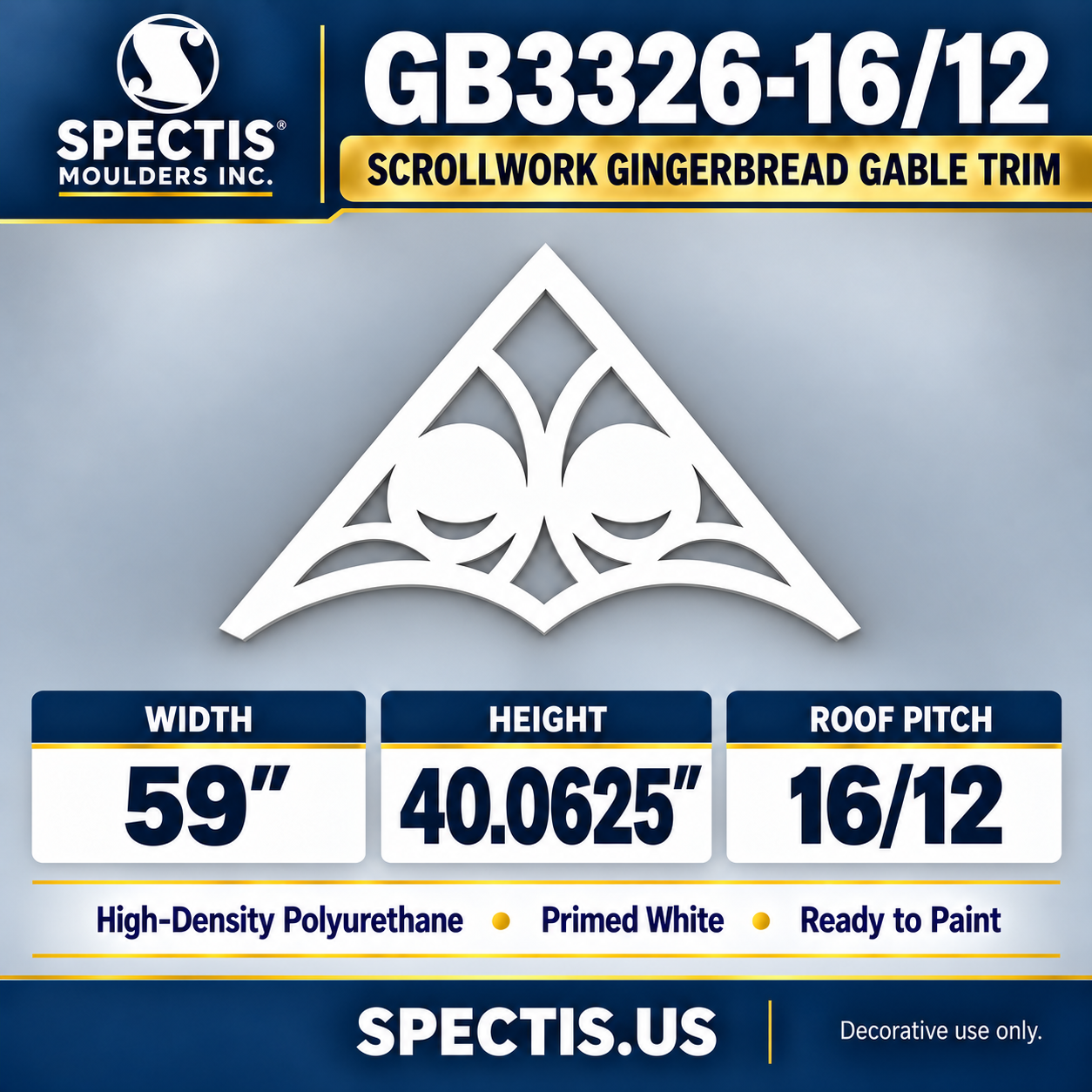 GB3326-16/12 Scrollwork Gingerbread Gable Trim, 59 inches wide x 40.0625 inches high