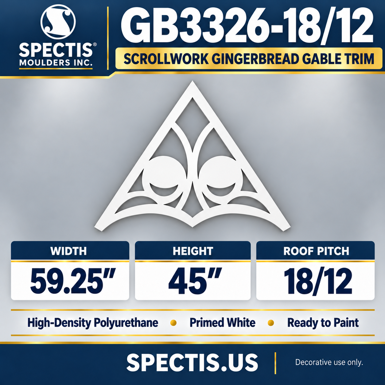 GB3326-18/12 Scrollwork Gingerbread Gable Trim, 59.25 inches wide x 45 inches high