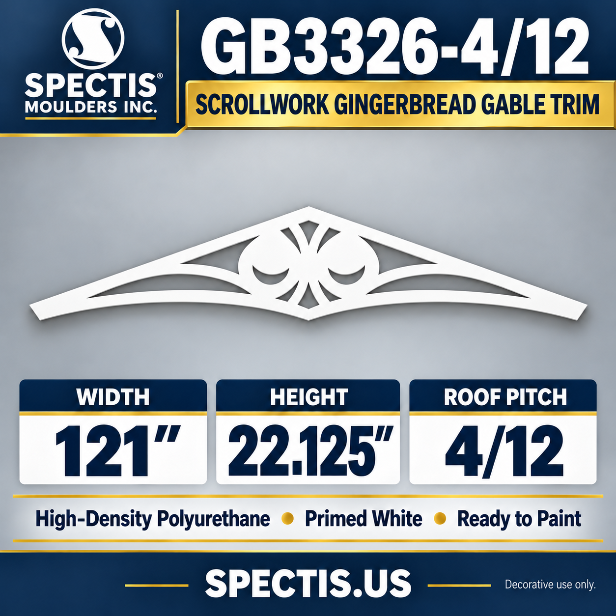 GB3326-4/12 Scrollwork Gingerbread Gable Trim, 121 inches wide x 22.125 inches high