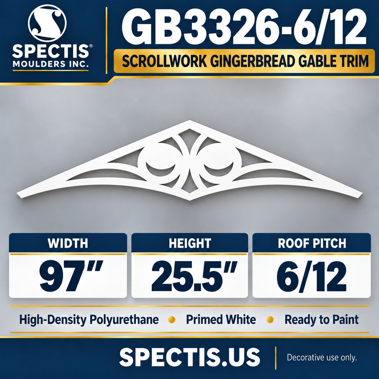 GB3326-6/12 Scrollwork Gingerbread Gable Trim, 97 inches wide x 25.5 inches high