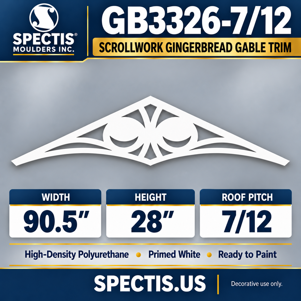 GB3326-7/12 Scrollwork Gingerbread Gable Trim, 90.5 inches wide x 28 inches high