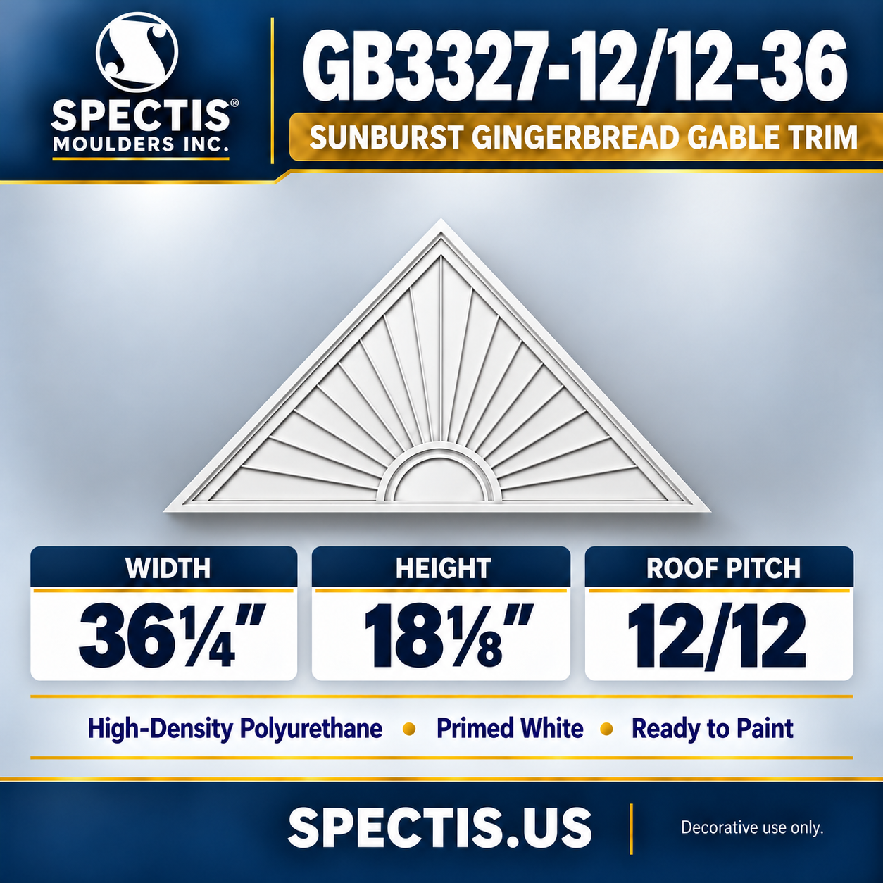 GB3327-12/12-36 Sunburst Gingerbread Gable Trim 36¼ inches wide x 18⅛ inches high