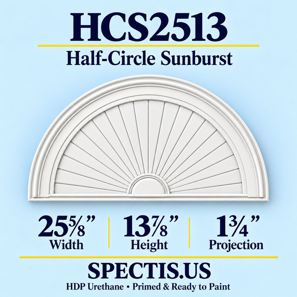 HCS2513 Half-Circle Sunburst in primed HDP urethane, 25 5/8 inch width, 13 7/8 inch height and 1 3/4 inch projection