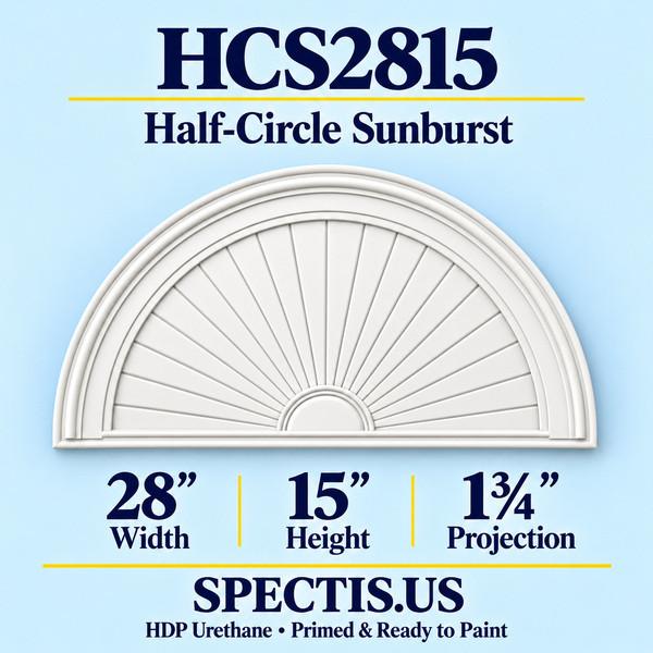HCS2815 Half-Circle Sunburst in primed HDP urethane, 28 inch width, 15 inch height and 1 3/4 inch projection