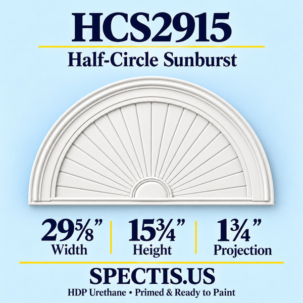HCS2915 Half-Circle Sunburst in primed HDP urethane, 29 5/8 inch width, 15 3/4 inch height and 1 3/4 inch projection