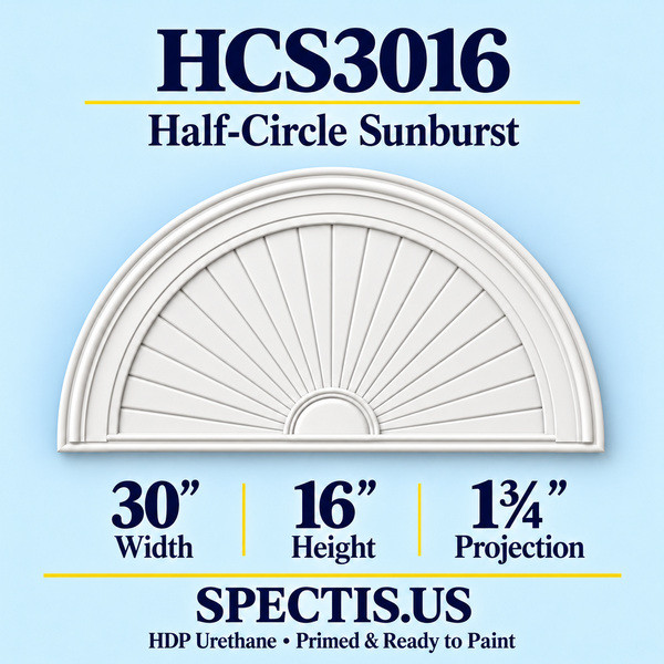 HCS3016 Half-Circle Sunburst in primed HDP urethane, 30 inch width, 16 inch height and 1 3/4 inch projection