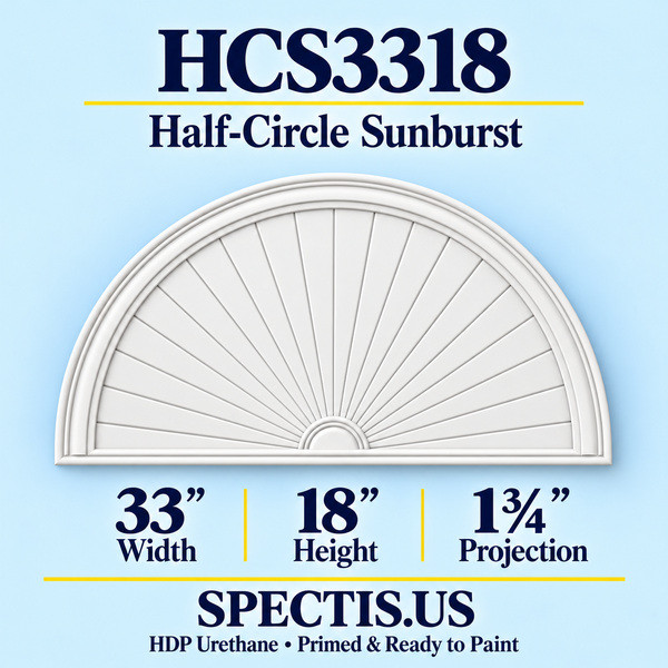 HCS3318 Half-Circle Sunburst in primed HDP urethane, 33 inch width, 18 inch height and 1 3/4 inch projection