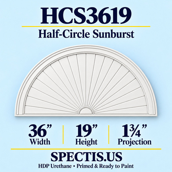 HCS3619 Half-Circle Sunburst in primed HDP urethane, 36 inch width, 19 inch height and 1 3/4 inch projection