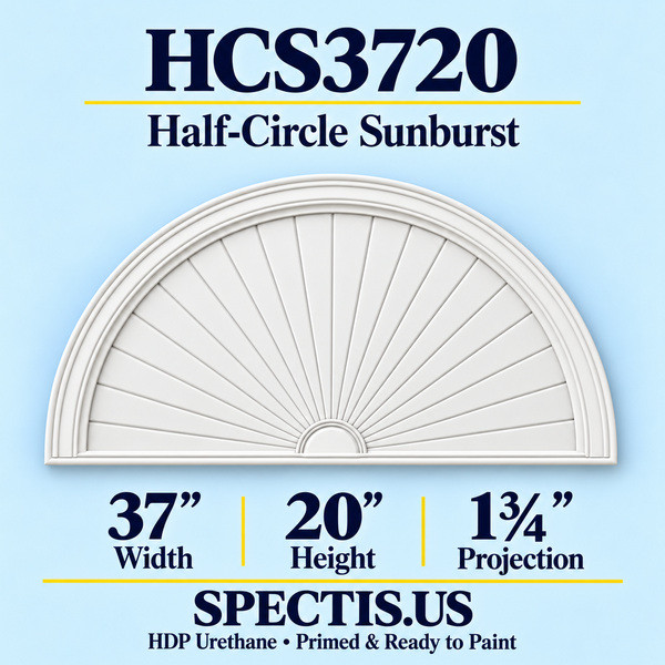 HCS3720 Half-Circle Sunburst in primed HDP urethane, 37 inch width, 20 inch height and 1 3/4 inch projection