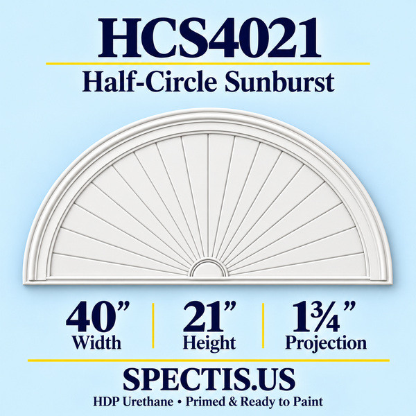 HCS4021 Half-Circle Sunburst in primed HDP urethane, 40 inch width, 21 inch height and 1 3/4 inch projection