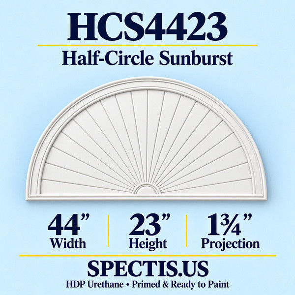 HCS4423 Half-Circle Sunburst in primed HDP urethane, 44 inch width, 23 inch height and 1 3/4 inch projection