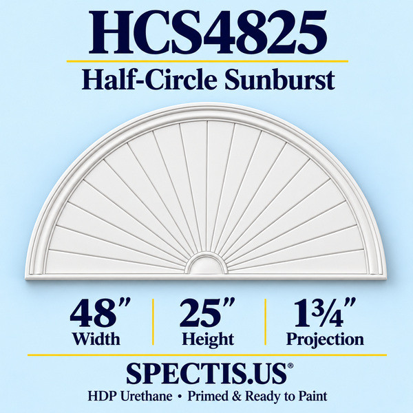 HCS4825 Half-Circle Sunburst in primed HDP urethane, 48 inch width, 25 inch height and 1 3/4 inch projection