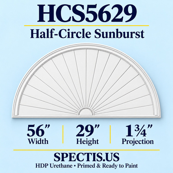 HCS5629 Half-Circle Sunburst in primed HDP urethane, 56 inch width, 29 inch height and 1 3/4 inch projection