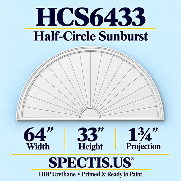 HCS6433 Half-Circle Sunburst in primed HDP urethane, 64 inch width, 33 inch height and 1 3/4 inch projection