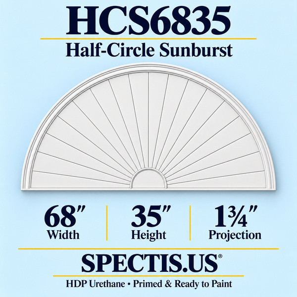 HCS6835 Half-Circle Sunburst in primed HDP urethane, 68 inch width, 35 inch height and 1 3/4 inch projection