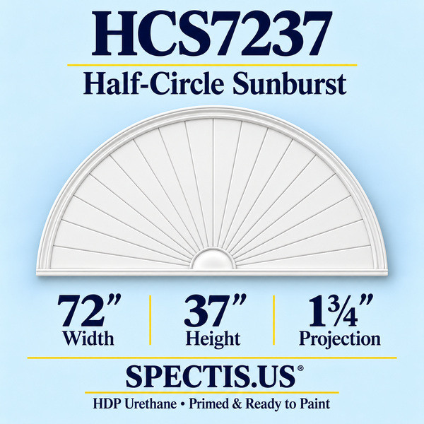 HCS7237 Half-Circle Sunburst in primed HDP urethane, 72 inch width, 37 inch height and 1 3/4 inch projection