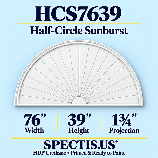 HCS7639 Half-Circle Sunburst in primed HDP urethane, 76 inch width, 39 inch height and 1 3/4 inch projection