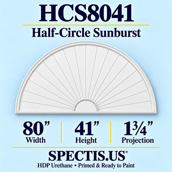 HCS8041 Half-Circle Sunburst in primed HDP urethane, 80 inch width, 41 inch height and 1 3/4 inch projection