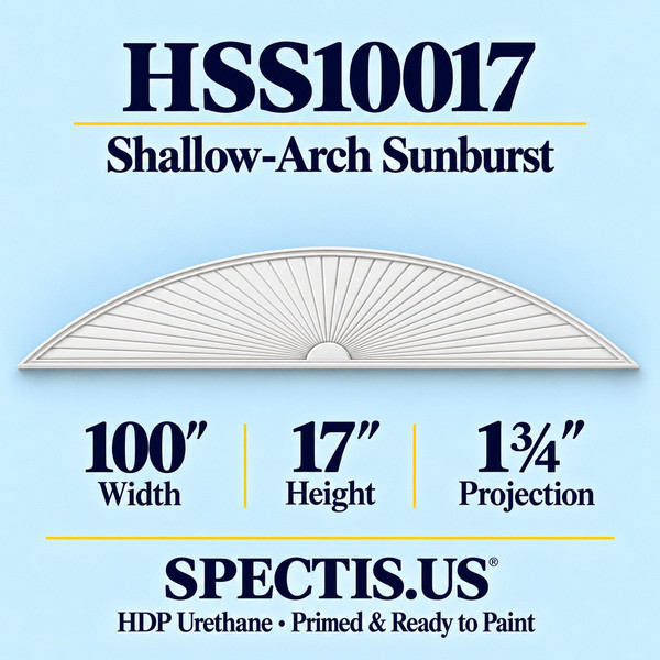 HSS10017 Shallow-Arch Sunburst in primed HDP urethane, 100 inch width, 17 inch height and 1 3/4 inch projection