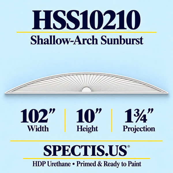 HSS10210 Shallow-Arch Sunburst in primed HDP urethane, 102 inch width, 10 inch height and 1 3/4 inch projection