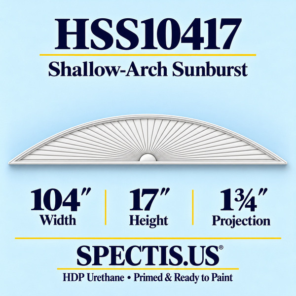 HSS10417 Shallow-Arch Sunburst in primed HDP urethane, 104 inch width, 17 inch height and 1 3/4 inch projection