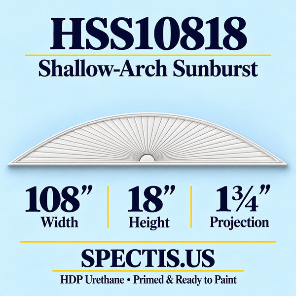 HSS10818 Shallow-Arch Sunburst in primed HDP urethane, 108 inch width, 18 inch height and 1 3/4 inch projection