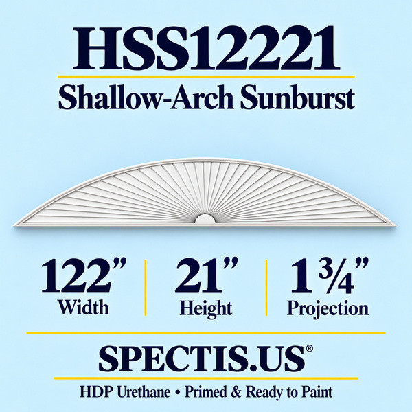 HSS12221 Shallow-Arch Sunburst in primed HDP urethane, 122 inch width, 21 inch height and 1 3/4 inch projection