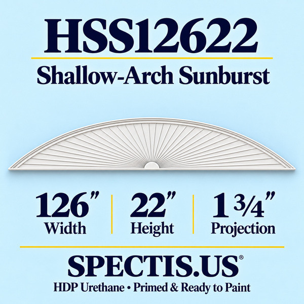 HSS12622 Shallow-Arch Sunburst in primed HDP urethane, 126 inch width, 22 inch height and 1 3/4 inch projection