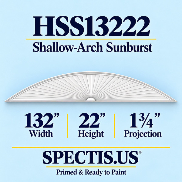 HSS13222 Shallow-Arch Sunburst in primed architectural trim, 132 inch width, 22 inch height and 1 3/4 inch projection